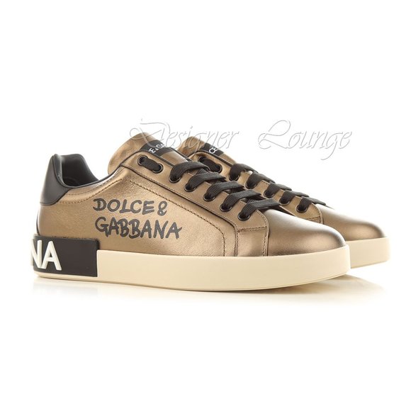 NEW DOLCE & GABBANA Gold-Tone Leather Logo Men's PORTOFINO Sneakers EU 42 / US 9 - Picture 8 of 10